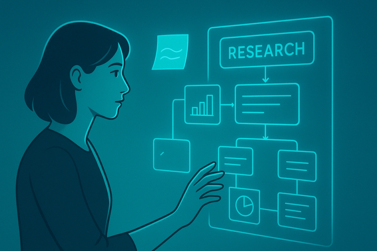 A robotic research assistant analyzing holographic scientific data in a sleek future laboratory, surrounded by floating digital research papers and glowing blue data streams in a clean, high-tech environment.