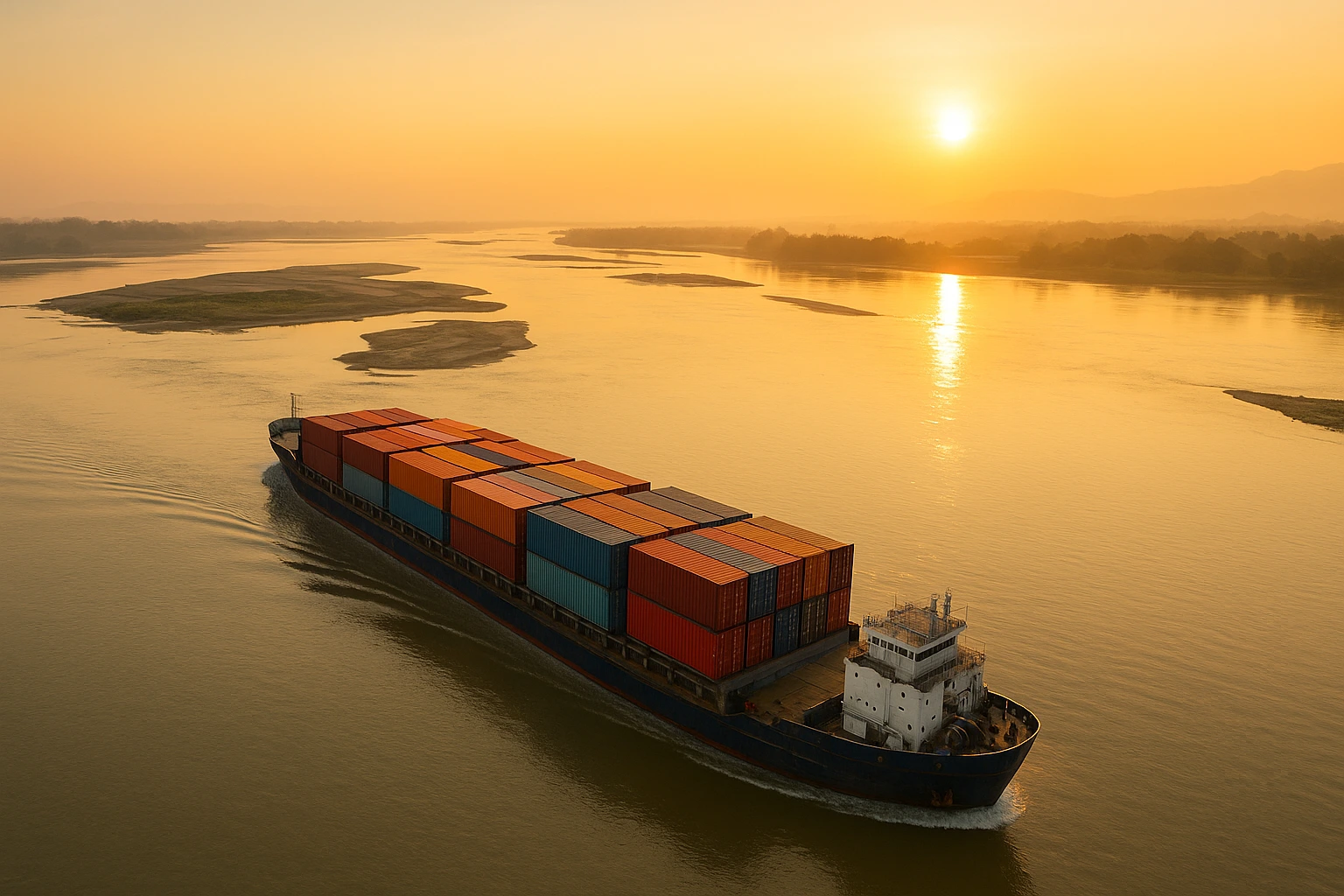 Aerial view of a large cargo barge carrying colorful shipping containers on the Brahmaputra River during golden hour, with sandbars, river islands, and a warm orange horizon capturing Assam’s inland waterway logistics network.