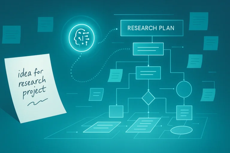 AI transforming a handwritten idea into a glowing structured research blueprint, with holographic flowcharts, digital sticky notes, and floating diagrams in a smooth teal-blue futuristic design.