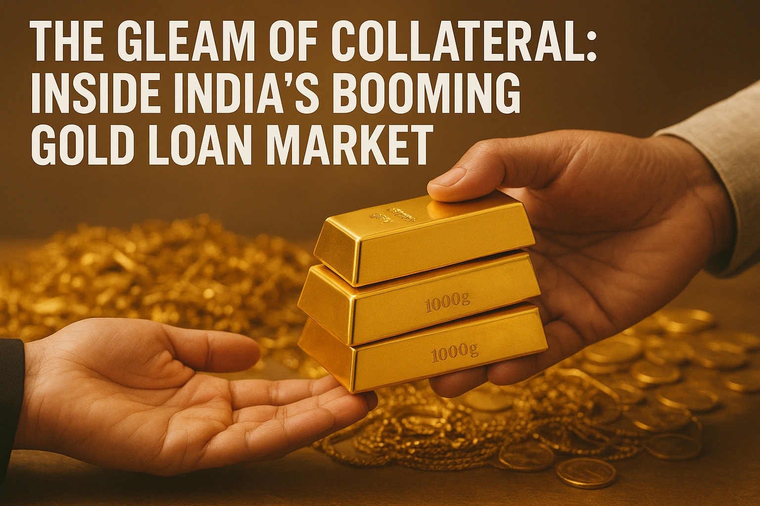 Hands exchanging gold bars with gold jewelry in the background.