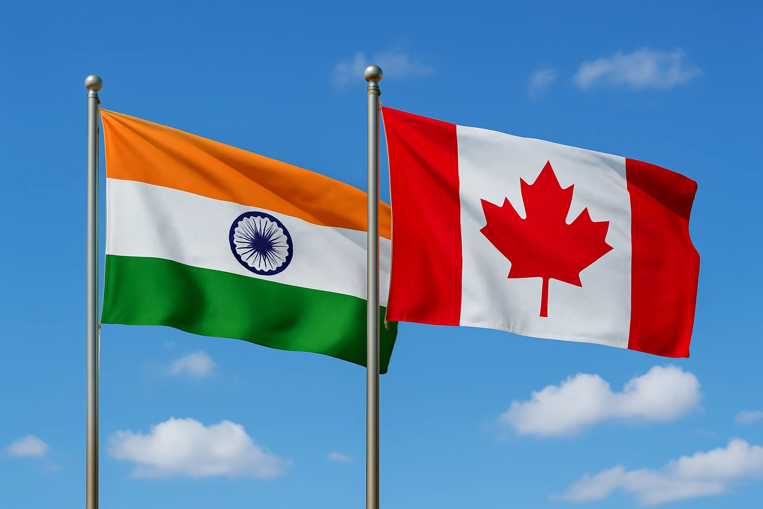 India and Canada flags waving in the open sky, representing India–Canada collaboration in trade, critical minerals, clean energy, and technology.