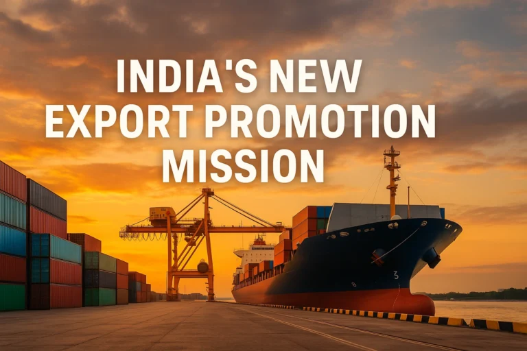 A large cargo ship docked at an Indian container port during sunset, with stacked colorful shipping containers and a gantry crane under an orange sky, symbolizing India’s new Export Promotion Mission.