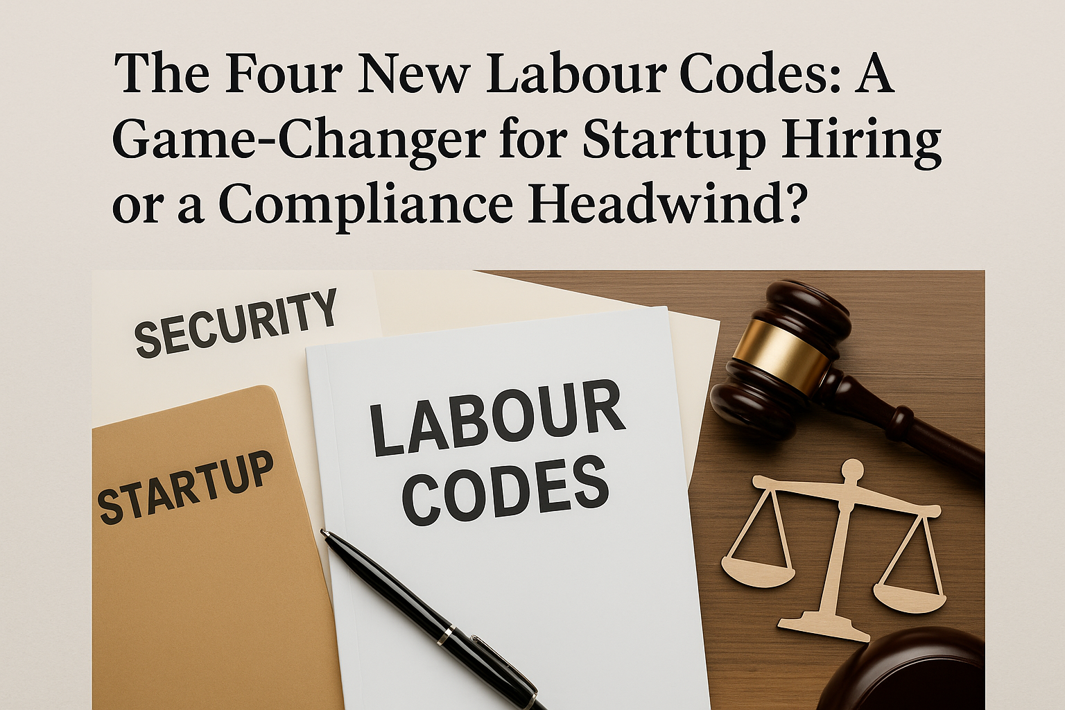 Labour Codes documents with gavel and scale symbolizing India’s new labour reforms.