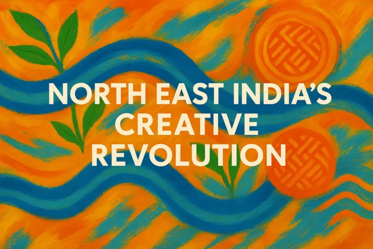 Abstract orange and blue painting featuring flowing wave-like shapes, green leaves, and circular woven motifs, with bold white text reading ‘North East India’s Creative Revolution’ at the center.