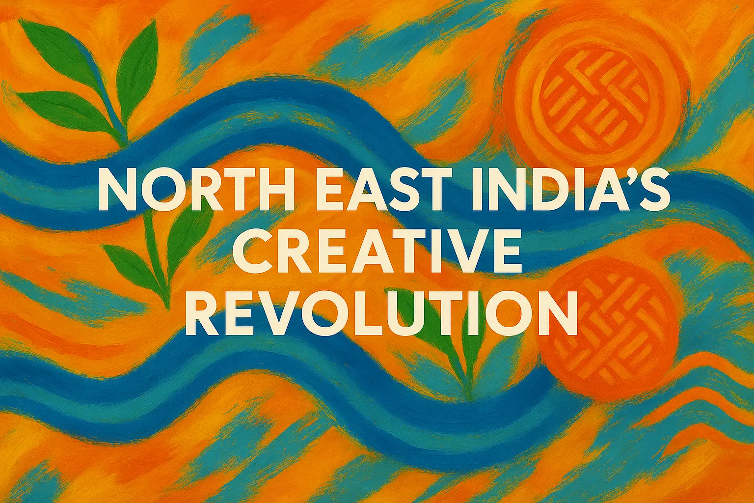 Abstract orange and blue painting featuring flowing wave-like shapes, green leaves, and circular woven motifs, with bold white text reading ‘North East India’s Creative Revolution’ at the center.