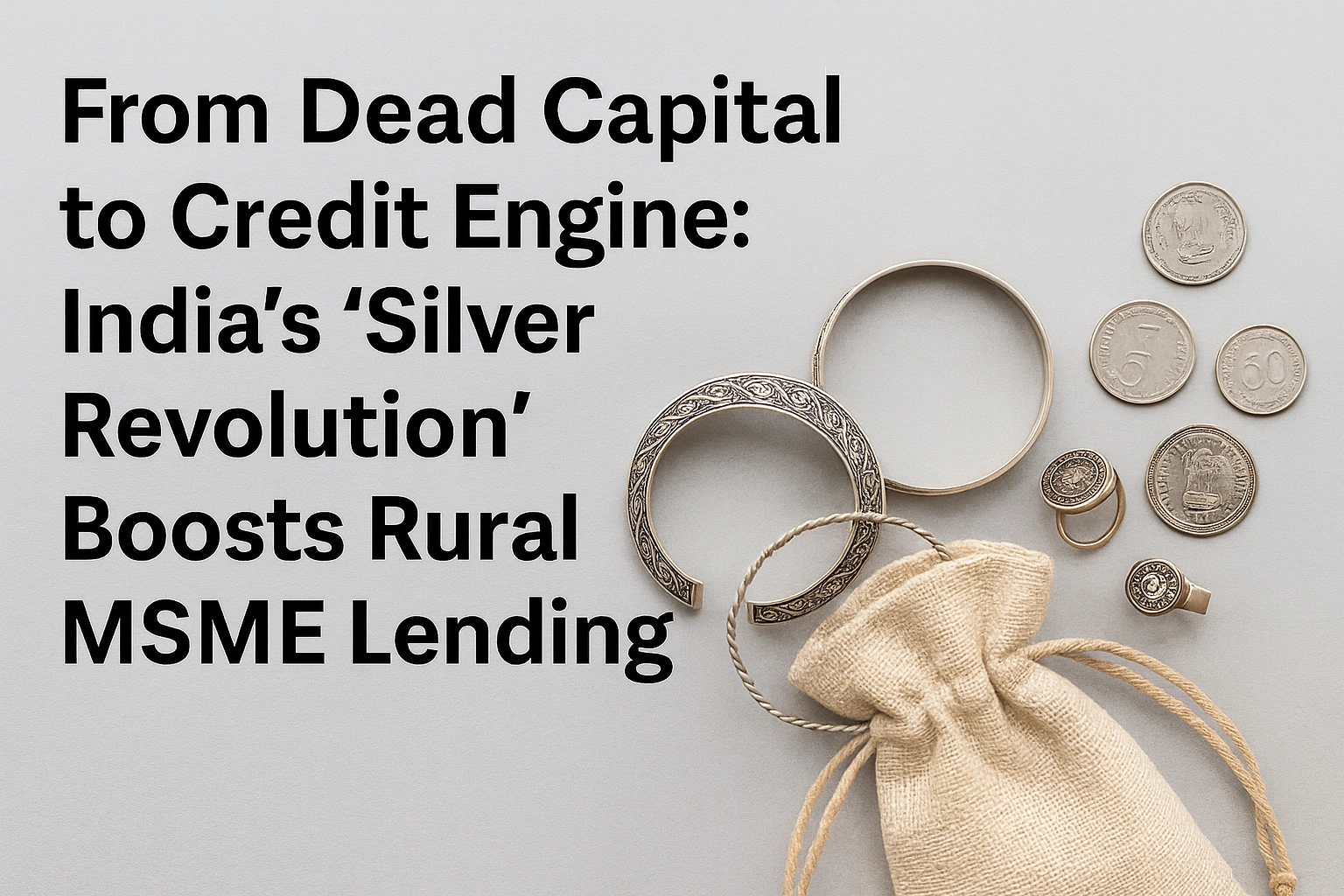 Silver jewellery and coins arranged beside a cloth pouch, with bold headline text about India’s ‘Silver Revolution’ and rural MSME lending.