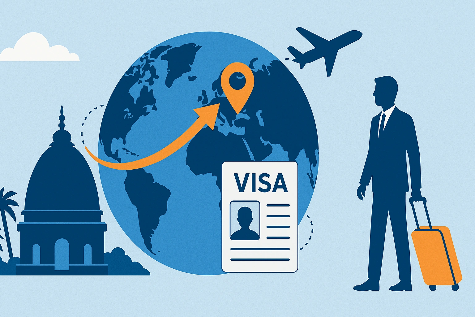 llustration depicting VFS Global’s new Guwahati multi-country visa centre, showing a globe, visa icon, traveller, airplane, and Assam temple silhouette.