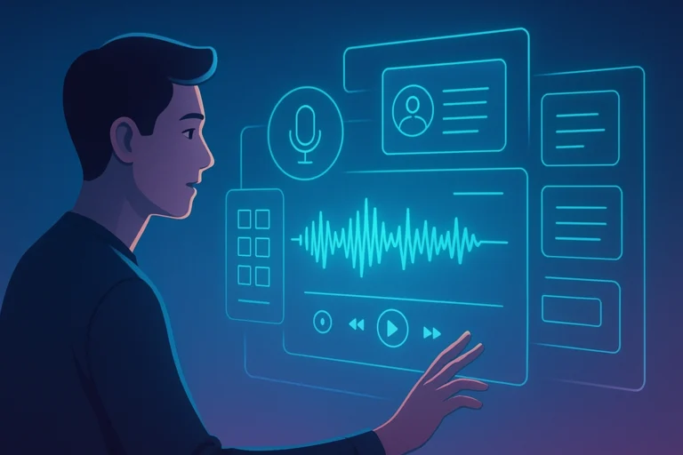 A futuristic digital workspace showing a young creator speaking to an AI interface, with floating holographic UI panels forming an app layout from sound waves. Minimal neon accents and clean tech-magazine style visuals.