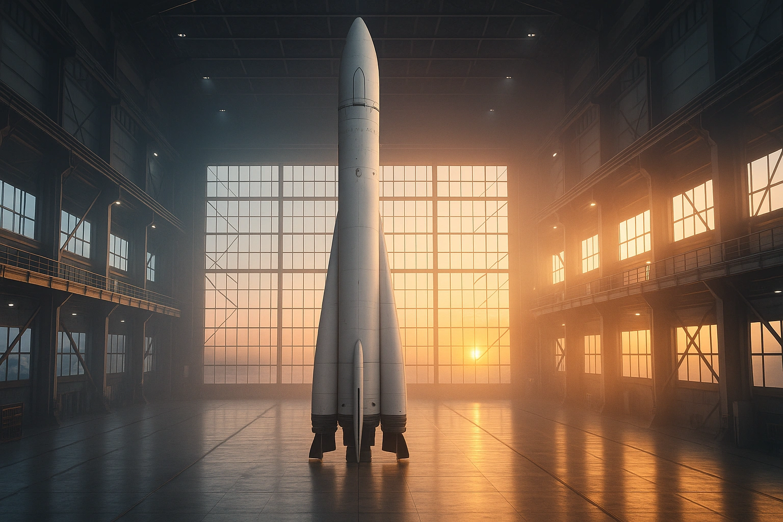 A sleek white rocket standing tall inside a futuristic aerospace hangar at sunrise, illuminated by warm golden light filtering through large industrial windows.
