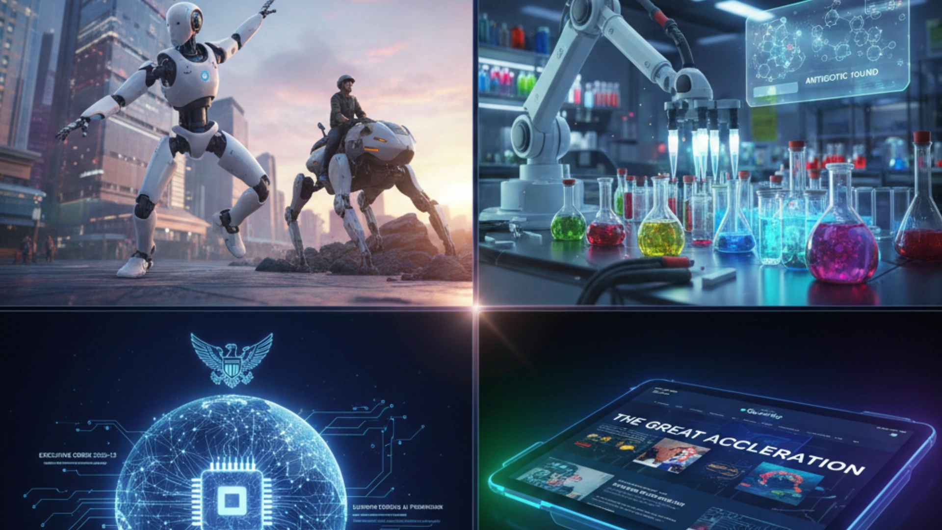 A multi-panel futuristic concept image titled 'The 2026 Blueprint,' featuring an affordable humanoid robot in a city, a robotic arm in a chemistry lab synthesizing antibiotics, a glowing global AI network chip, and a sleek tablet displaying 'The Great Acceleration' news for The Quantiq.