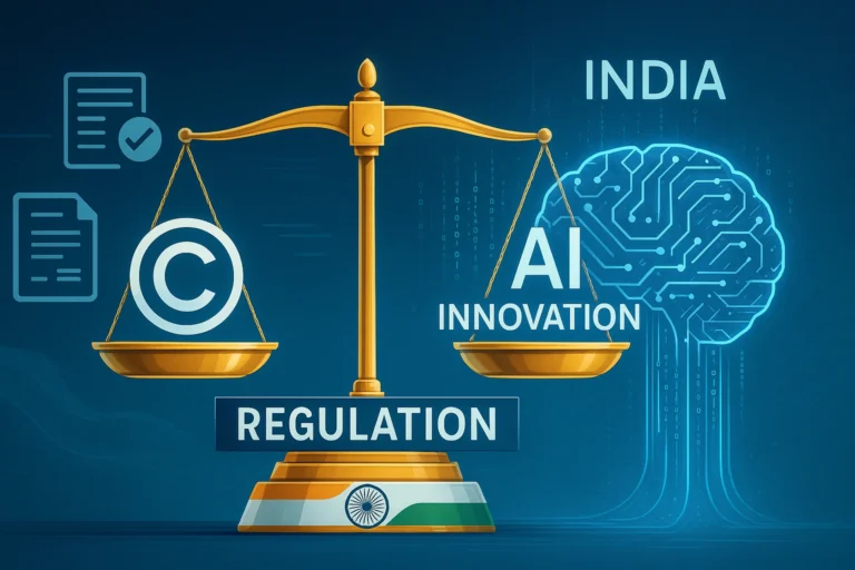 Futuristic illustration showing India balancing AI innovation and copyright through new licensing and royalty regulations
