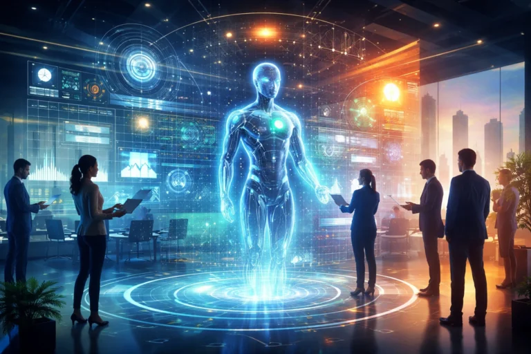 Abstract illustration of agentic AI transforming Indian enterprises, showing a human-AI system executing autonomous workflows inside a modern corporate environment.