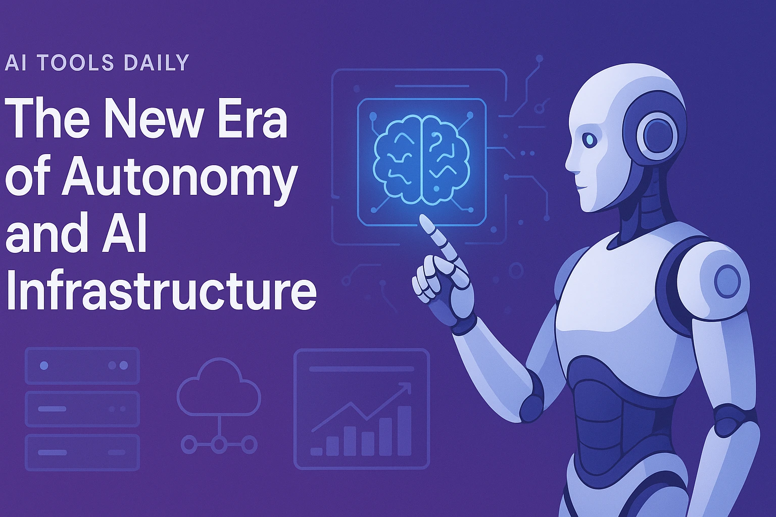 Futuristic illustration of a humanoid robot interacting with a glowing blue AI brain hologram, surrounded by digital interface icons representing cloud servers, analytics, and AI infrastructure, set against a purple gradient background with the title ‘The New Era of Autonomy and AI Infrastructure.