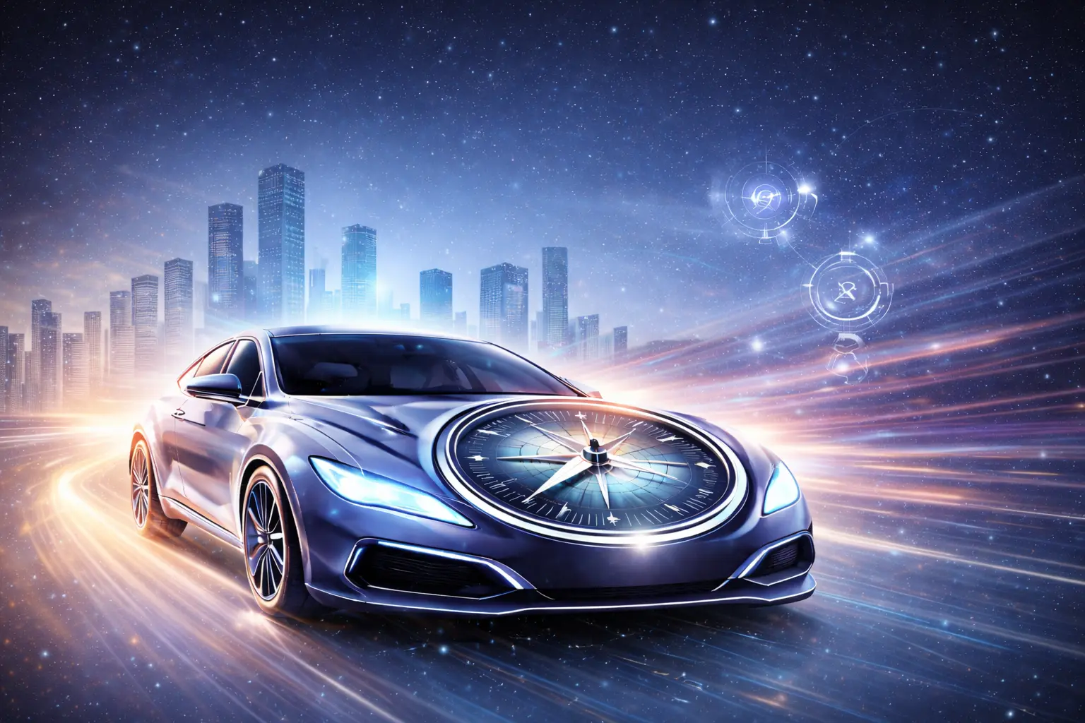 A futuristic silver-blue car speeds through a glowing cityscape at night, with a compass embedded on its hood symbolising direction and momentum, representing India’s fast-evolving automobile industry and its road to the future.