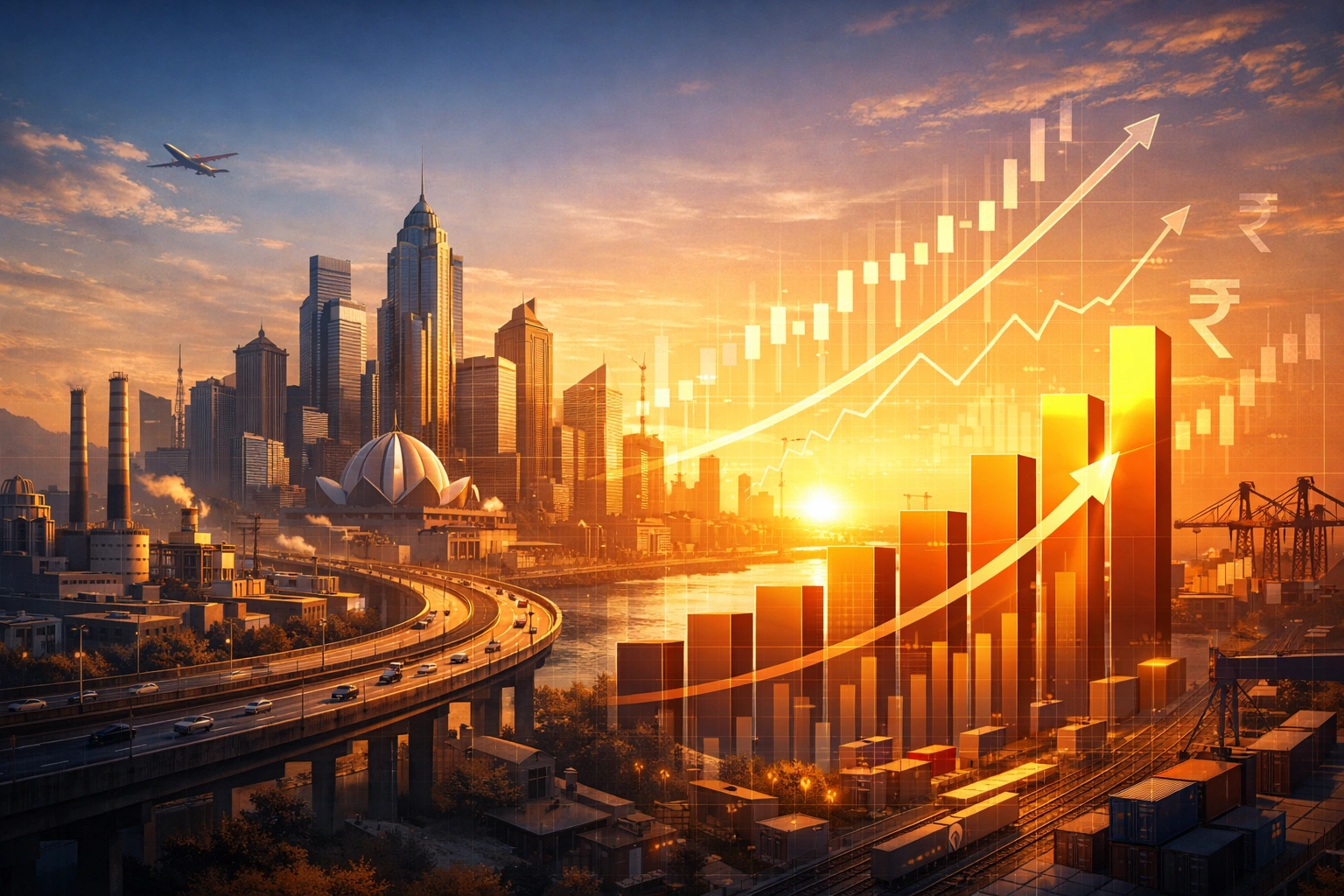 A cinematic illustration of an Indian city with highways, factories, and rising financial graphs representing economic growth, domestic investment, and industrial expansion.