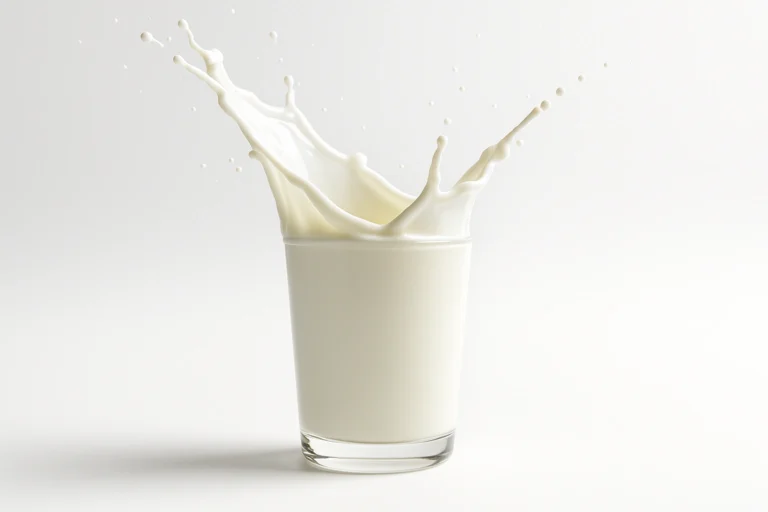 Milk splashing out of a glass in a high-speed shot, used as a hero image for an article on Assam’s dairy industry and milk production.