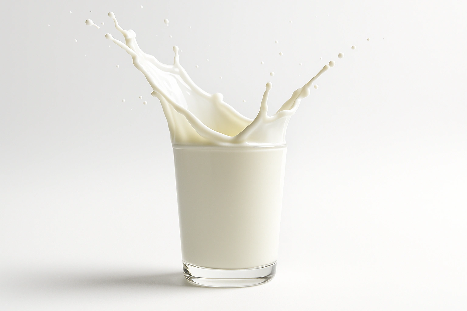 Milk splashing out of a glass in a high-speed shot, used as a hero image for an article on Assam’s dairy industry and milk production.