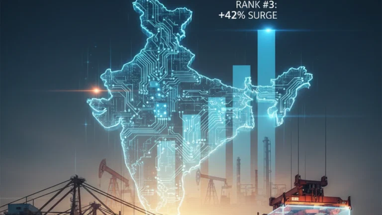 A futuristic 16:9 conceptual image of India’s economic shift, featuring a glowing blue circuit-board map of India hovering over a bustling cargo port at sunset. Transparent digital shipping containers reveal high-tech electronics inside, while a rising bar chart and the text "RANK #3: +42% SURGE" symbolize the growth of India’s electronics exports over traditional petroleum sectors.