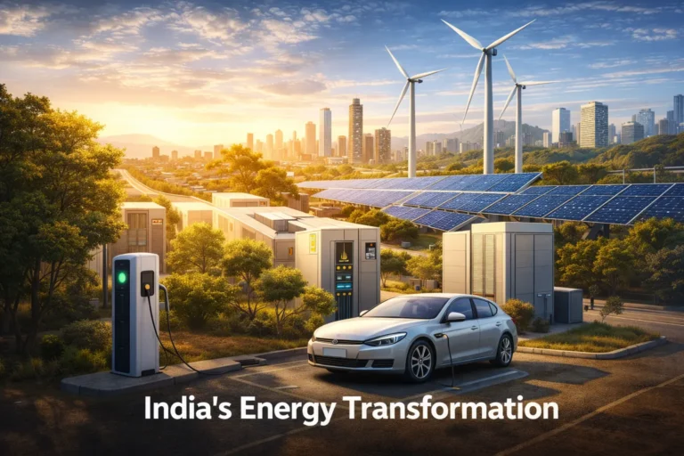 Renewable energy landscape in India featuring solar panels, wind turbines, and electric vehicle charging infrastructure, representing India’s transition toward clean energy.