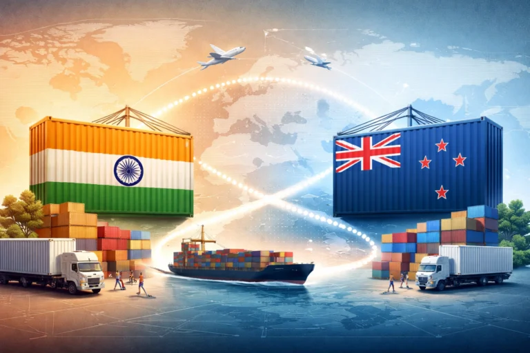 Illustration depicting India–New Zealand trade links with cargo containers, shipping routes, and logistics icons.