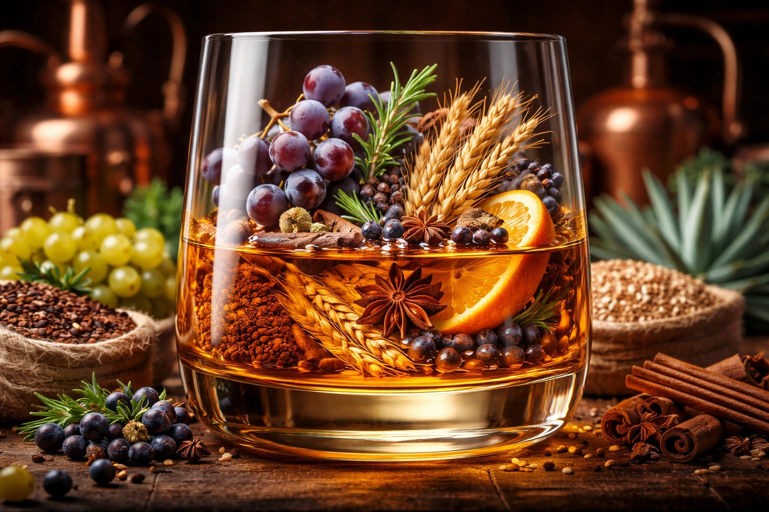 bstract illustration of ingredients used in distilled spirits—grapes, grains, spices, and botanicals—seen through a whisky glass, symbolising the evolution of India’s premium alcohol industry.