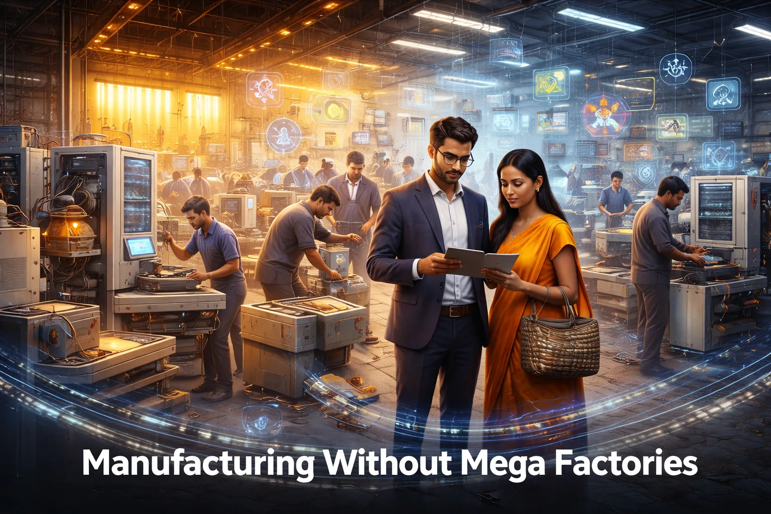 Modern Indian MSME manufacturing unit with workers using digital tools and machinery, representing decentralized industrial growth and smart manufacturing in India