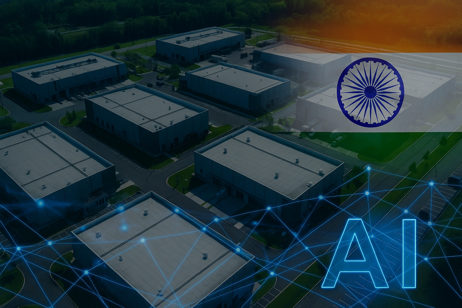 Aerial of a next-gen data centre + Indian flag + digital AI network overlay.