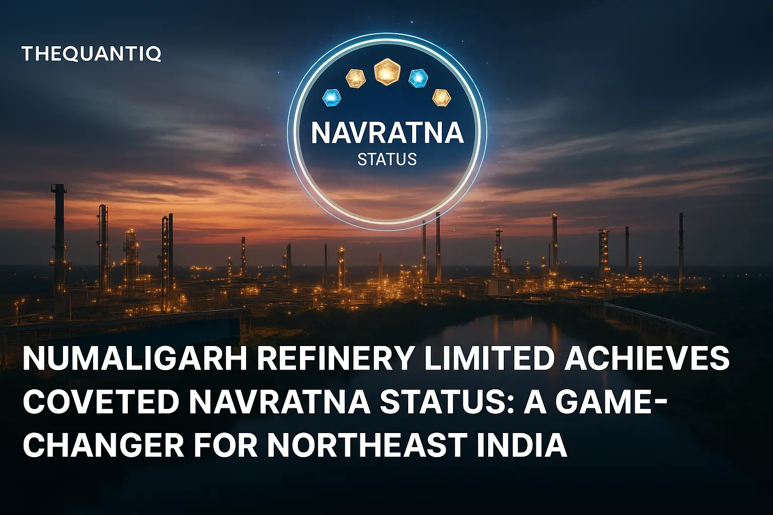 A twilight view of Numaligarh Refinery Limited with illuminated refinery structures, a glowing Navratna Status emblem in the sky, and the headline announcing NRL achieving Navratna status