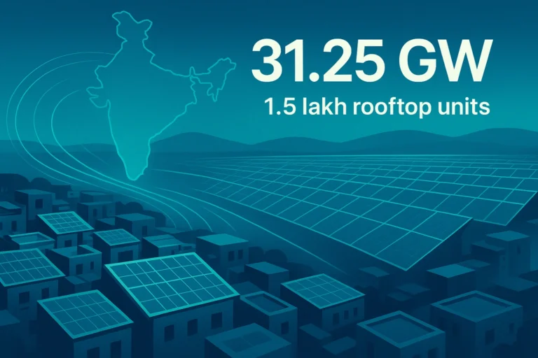 Editorial illustration of India’s renewable energy growth showing rooftop solar installations in Odisha, large solar farms, and infographic-style highlights of 31.25 GW clean energy addition and 1.5 lakh rooftop solar units.