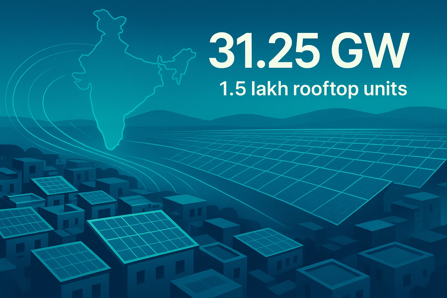 Editorial illustration of India’s renewable energy growth showing rooftop solar installations in Odisha, large solar farms, and infographic-style highlights of 31.25 GW clean energy addition and 1.5 lakh rooftop solar units.
