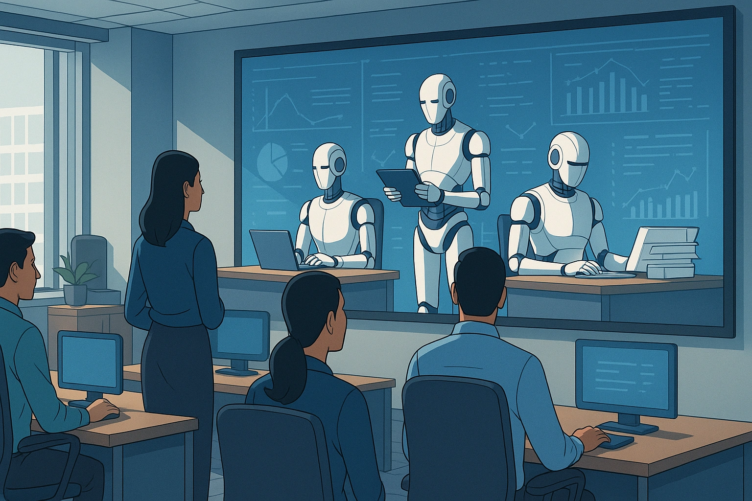 Indian office employees watching AI robots perform tasks on a digital screen, symbolising artificial intelligence replacing routine jobs in the workplace.