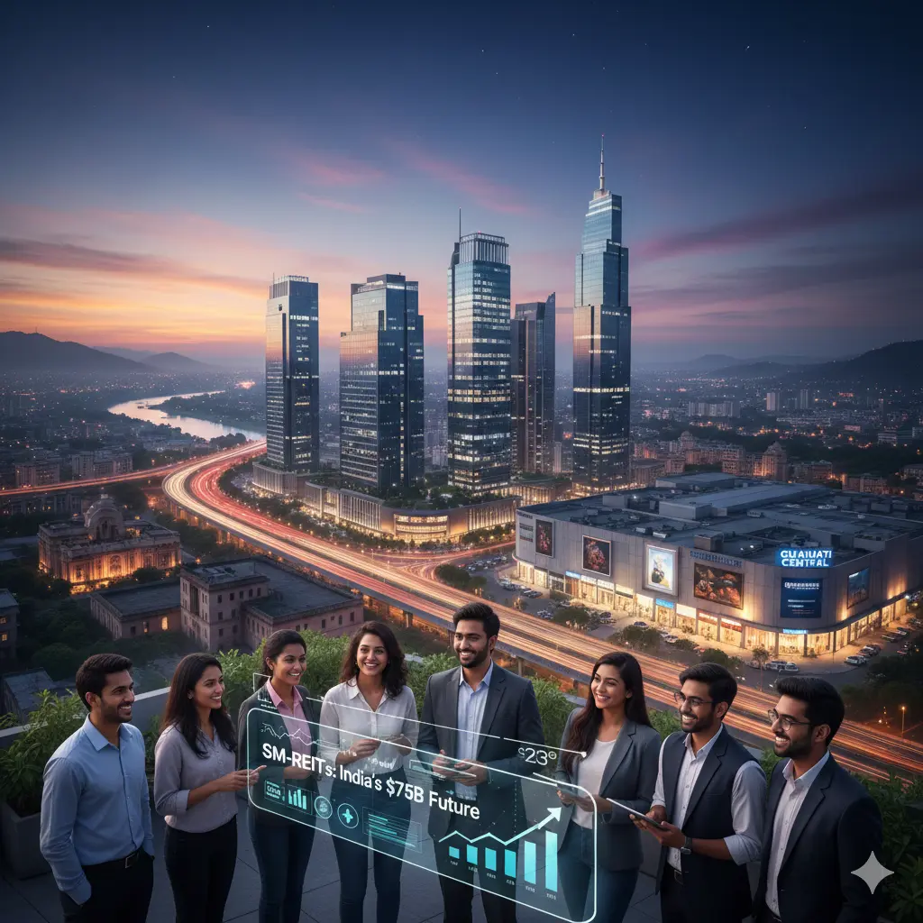 Professional group viewing a futuristic holographic screen showing a $75 billion growth chart, with a modern, bustling Indian city skyline (like Guwahati or a Tier-2 hub) in the background. Illustrates the SM REITs India market potential.