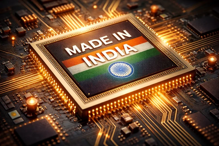 Close-up illustration of a microchip labeled “Made in India,” illuminated with golden circuitry, symbolising India’s growing semiconductor manufacturing and assembly ecosystem.