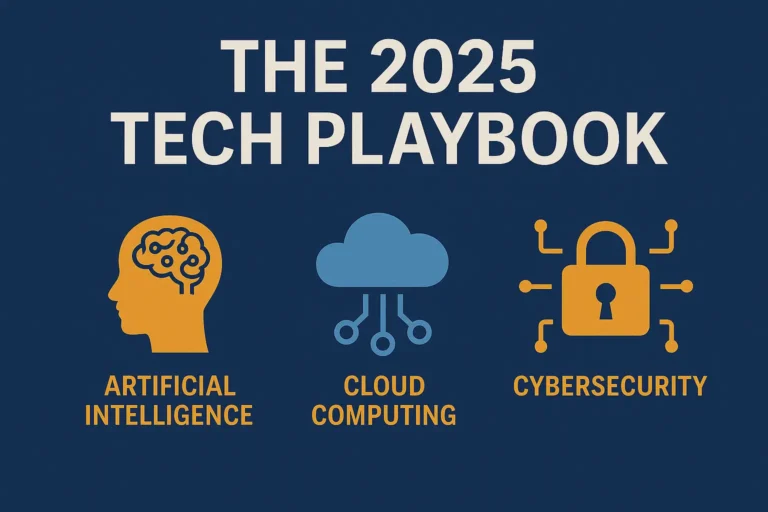Tech-themed illustration titled ‘The 2025 Tech Playbook’ featuring icons representing artificial intelligence, cloud computing, and cybersecurity on a dark blue background.