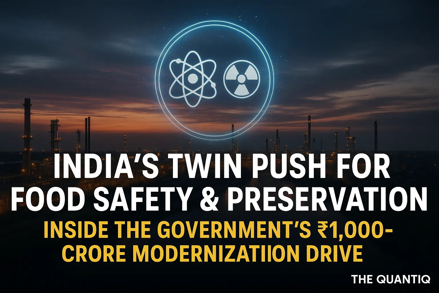A futuristic industrial backdrop with scientific symbols representing food testing and irradiation, illustrating India’s ₹1,000-crore drive to boost food safety and preservation under MoFPI.