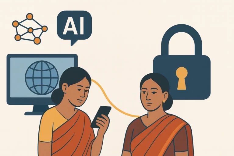 Vernacular sovereignty and data security in Northeast India depicted through an AI-themed illustration featuring the Assam map, artificial intelligence symbols, and cultural representation.