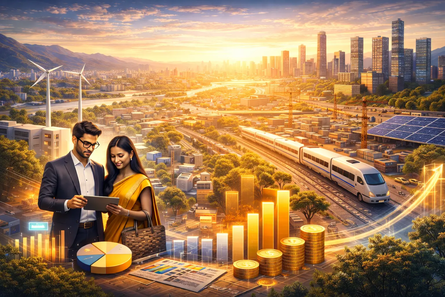 India’s economy year-ender illustration showing growth, infrastructure, and reform momentum with charts and city skyline”