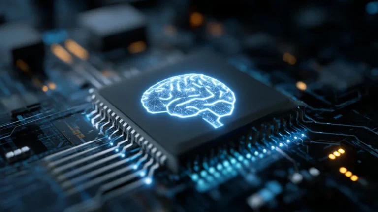 Futuristic AI brain made of glowing neural circuits, symbolizing OpenAI’s advanced reasoning engine and early AGI capabilities.