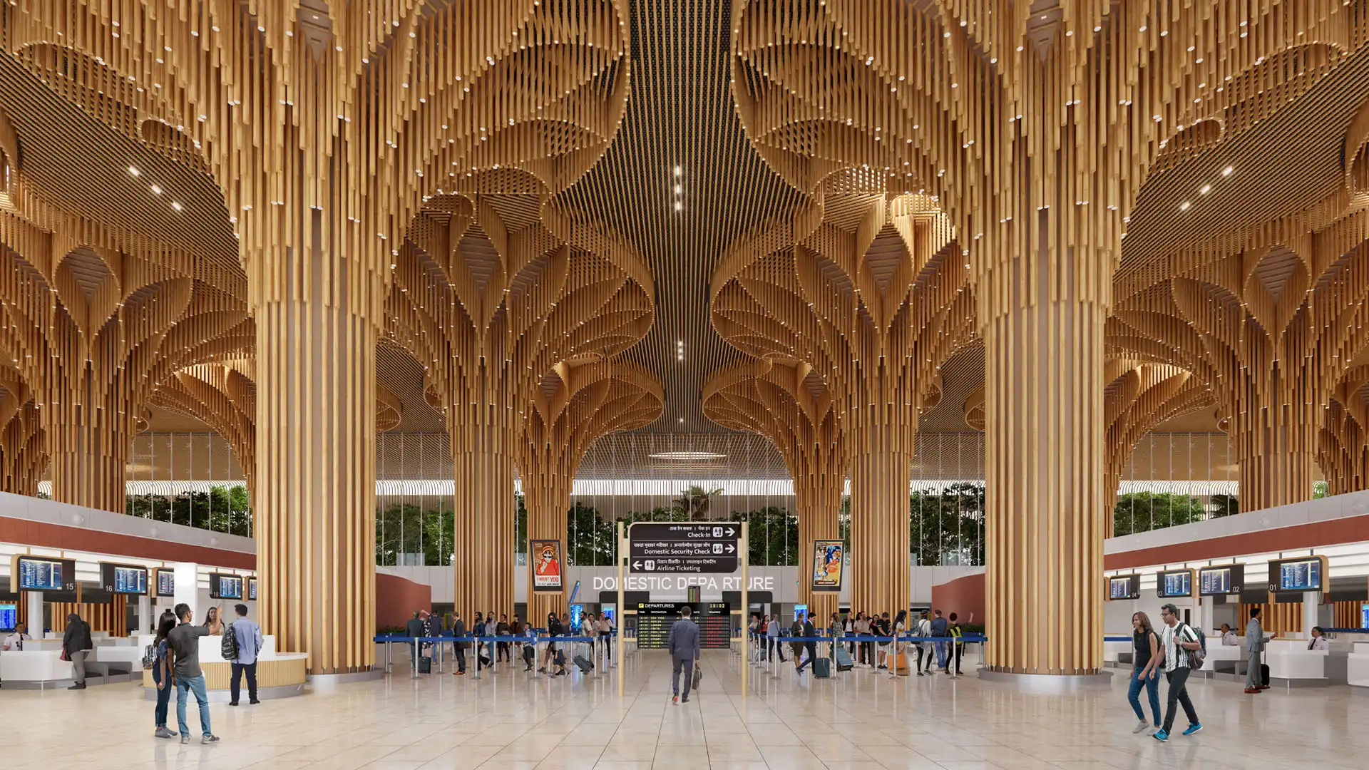 Departure hall of Guwahati International Airport Terminal 2 featuring bamboo-inspired columns and sculptural wooden ceiling design.