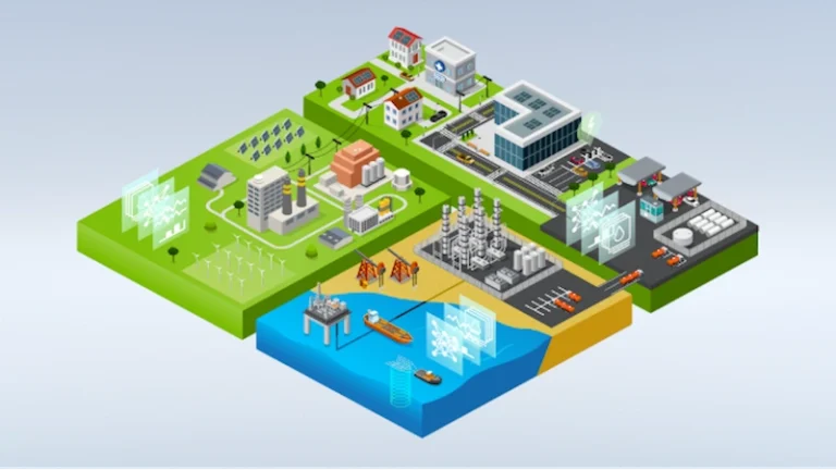 Smart energy and data center ecosystem illustrating AI’s growing dependence on power grids.