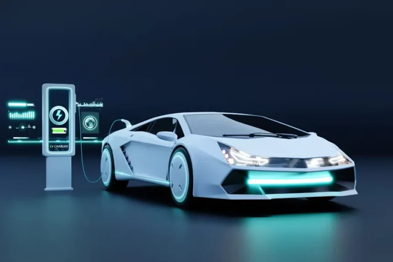 Futuristic electric vehicle connected to a high-tech EV charging station, representing India’s push for indigenous EV charger development and clean mobility.