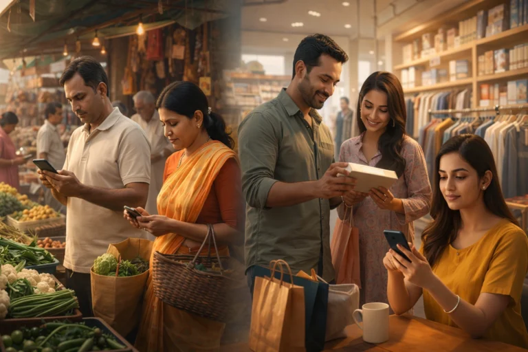 Indian households engaged in everyday shopping activities across urban and semi-urban spaces, highlighting the shift toward mindful and value-driven consumption.