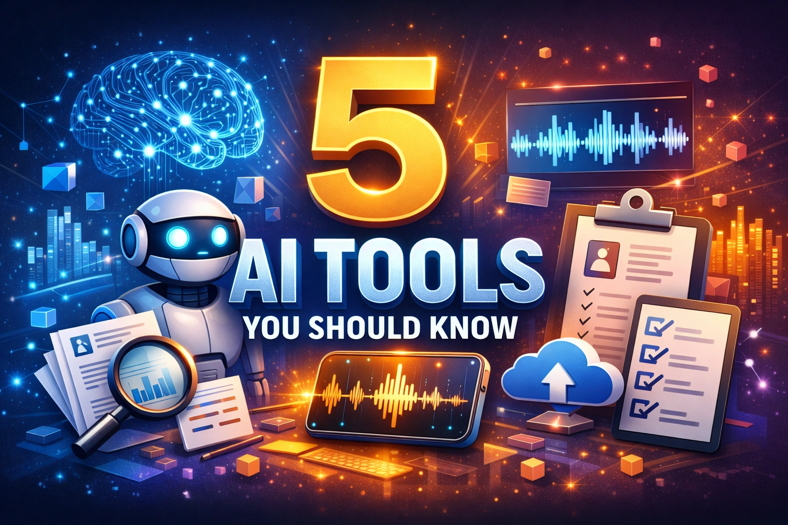 Illustration showing “5 AI Tools You Should Know” with a friendly AI robot, a digital brain, documents, audio waveforms, cloud icons, and analytics elements representing practical artificial intelligence tools for everyday work.