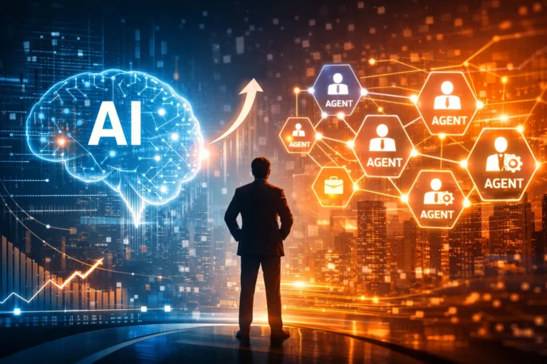 Futuristic abstract image representing enterprise AI transformation in 2026, highlighting agentic AI, data orchestration, and the move beyond pilot-stage AI deployments.
