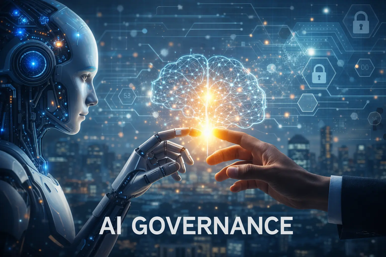 Human hand and humanoid artificial intelligence reaching toward a glowing digital brain, symbolizing India’s AI governance framework and responsible use of technology.