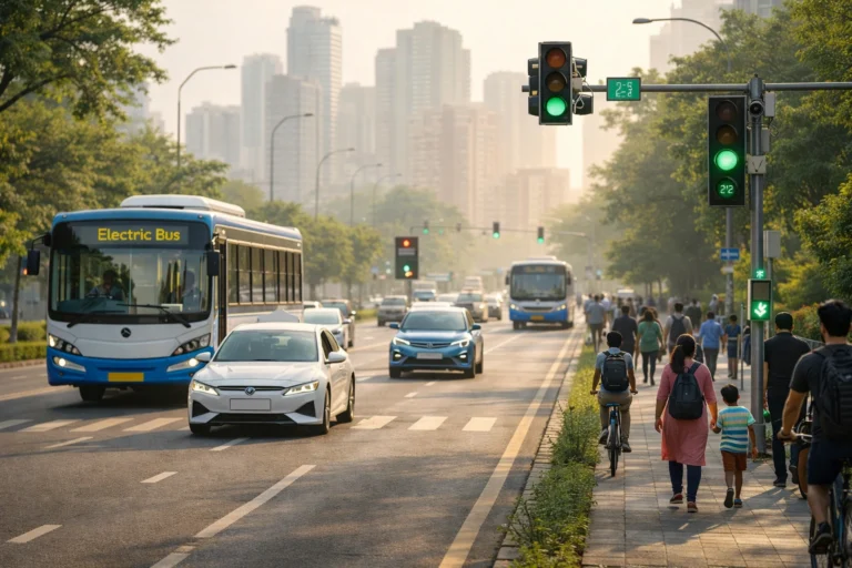 Future urban mobility in India showing electric buses, cars, cyclists, pedestrians, and smart traffic systems in a modern city.