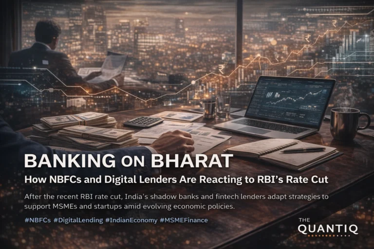 NBFC executive reviewing financial data with Indian rupee notes and digital charts, representing credit flow and digital lending in India after the RBI rate cut.