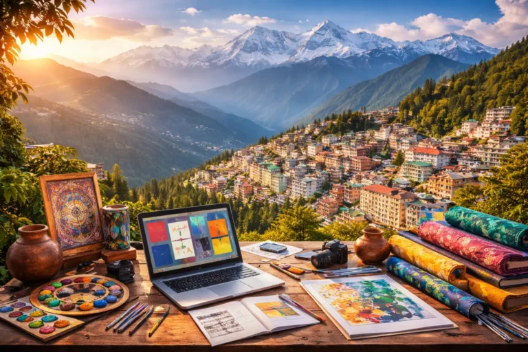 Panoramic view of Gangtok, Sikkim with the Himalayan peaks of Khangchendzonga in the background, featuring a creative workspace in the foreground with digital design tools, traditional crafts, and textiles symbolising Sikkim’s emerging creative and digital economy.