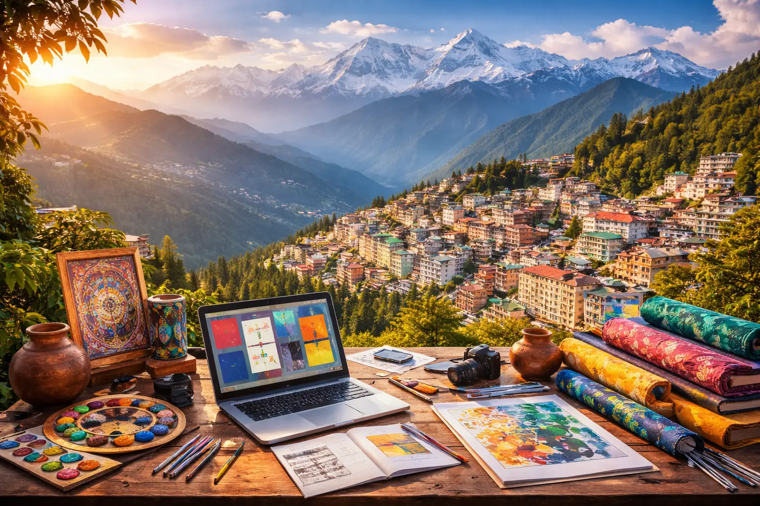 Panoramic view of Gangtok, Sikkim with the Himalayan peaks of Khangchendzonga in the background, featuring a creative workspace in the foreground with digital design tools, traditional crafts, and textiles symbolising Sikkim’s emerging creative and digital economy.