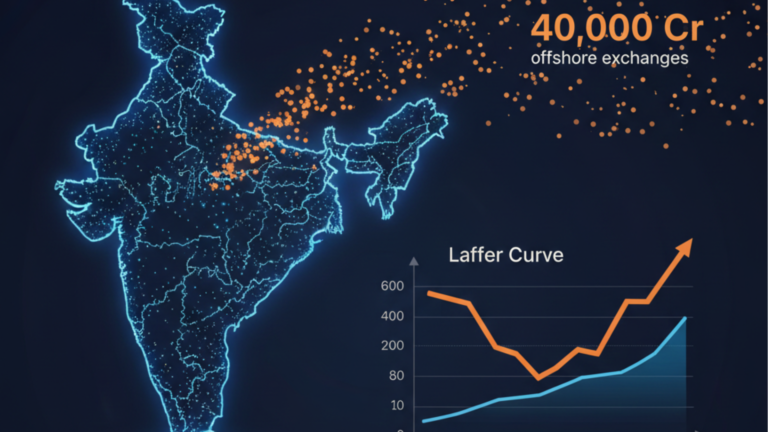 Digital map of India showing crypto capital outflows to offshore exchanges, highlighting a ₹40,000 crore leakage and the impact of high taxation.